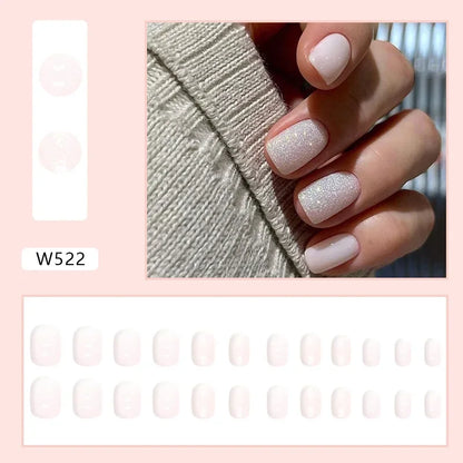 Fresh Green Tea 24 Pcs Fake Nail with Jelly sticker Press on False Nails Wearable Round Head Oval Full Cover Nail Tips