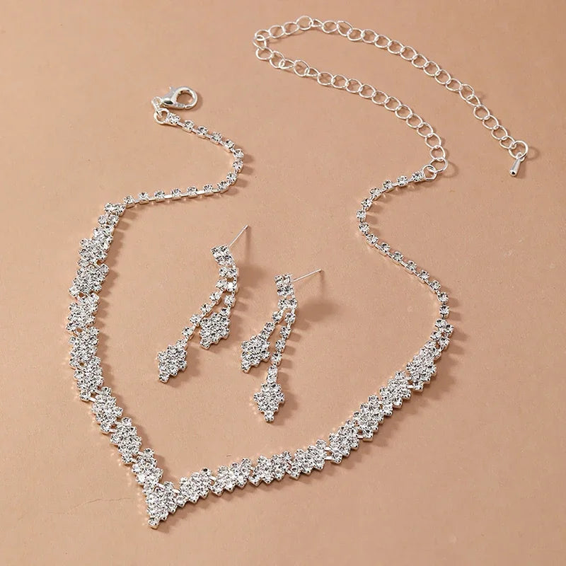 2Pcs/lot Simple Fashion Geometric Zircon Necklace Earrings Kit For Women Wedding Bride Jewelry Set Accessories Gift
