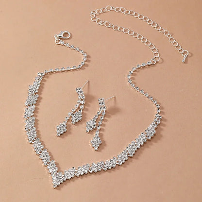 2Pcs/lot Simple Fashion Geometric Zircon Necklace Earrings Kit For Women Wedding Bride Jewelry Set Accessories Gift