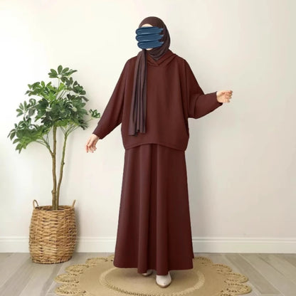 2pcs Knit Muslim Sets Womem Jilbab Casual Abaya Hooded Tops+Skirts Suits 2 Piece Hijab Set Kaftan 2026 Ramadan Eid Islam Clothes