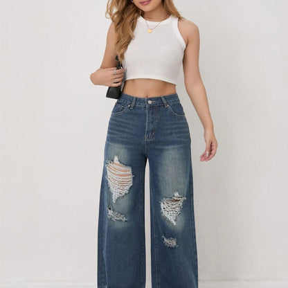 Autumn and Winter Trendy High-waisted Ripped Loose Wide-leg Straight-leg Jeans for Women Casual Fashionable and Versatile