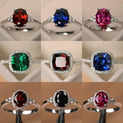Silver plated Rings for Women Ruby Emerald Sapphire Jewelry Wedding Engagement Ring Wholesale Size 6-10