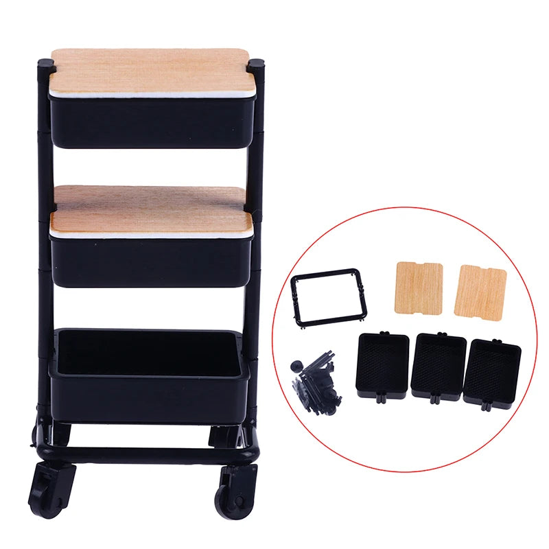 Storage Display Shelf Bookshelf Furniture Model Decor Toy 1Set 1:12  Dollhouse Miniature Trolley Dining Cart with Wheels
