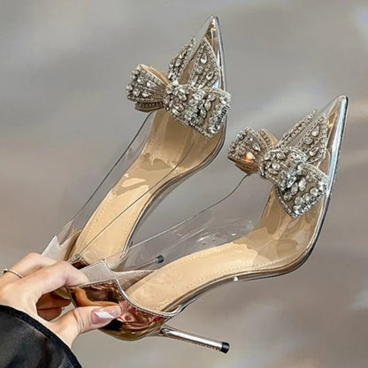 Luxury Pointed Crystal Fairy Ladies Wind Sandals Rhinestone Butterfly-knot Transparent High Heel Pumps Women Fashion Dress Shoes