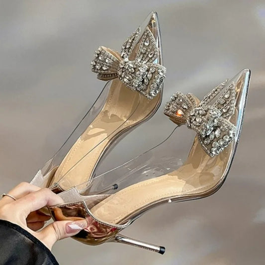 Luxury Pointed Crystal Fairy Ladies Wind Sandals Rhinestone Butterfly-knot Transparent High Heel Pumps Women Fashion Dress Shoes