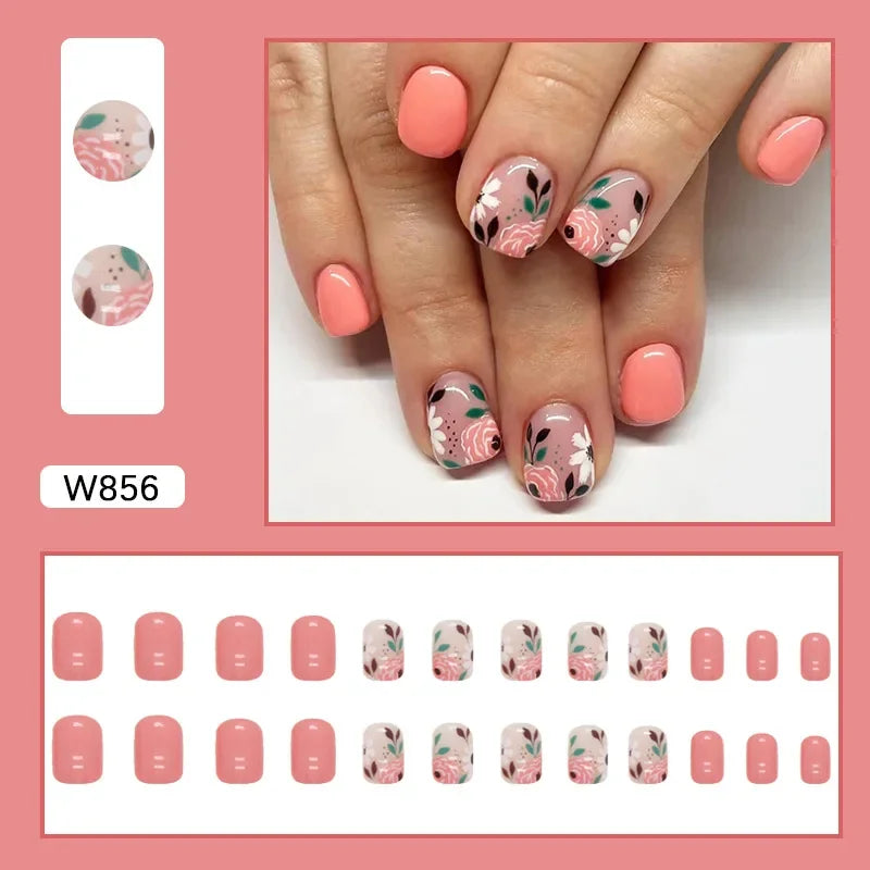 Fresh Green Tea 24 Pcs Fake Nail with Jelly sticker Press on False Nails Wearable Round Head Oval Full Cover Nail Tips