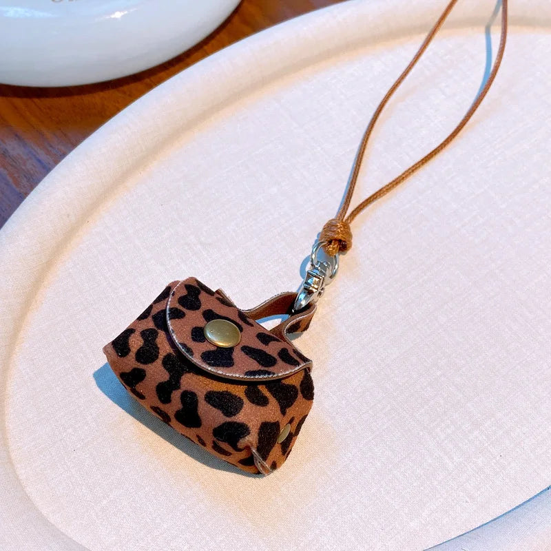 Retro Cute Small Leopard Print Leather Bag Pendant Necklaces for Women Sweater Long Rope Chain Neck Hanging Jewelry Accessory C