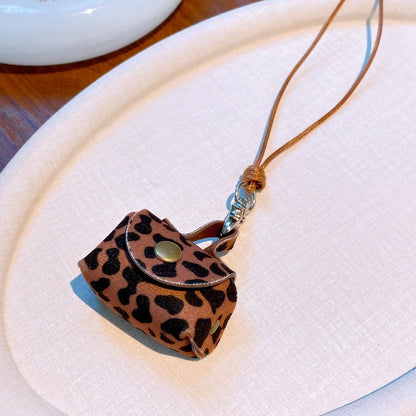 Retro Cute Small Leopard Print Leather Bag Pendant Necklaces for Women Sweater Long Rope Chain Neck Hanging Jewelry Accessory C