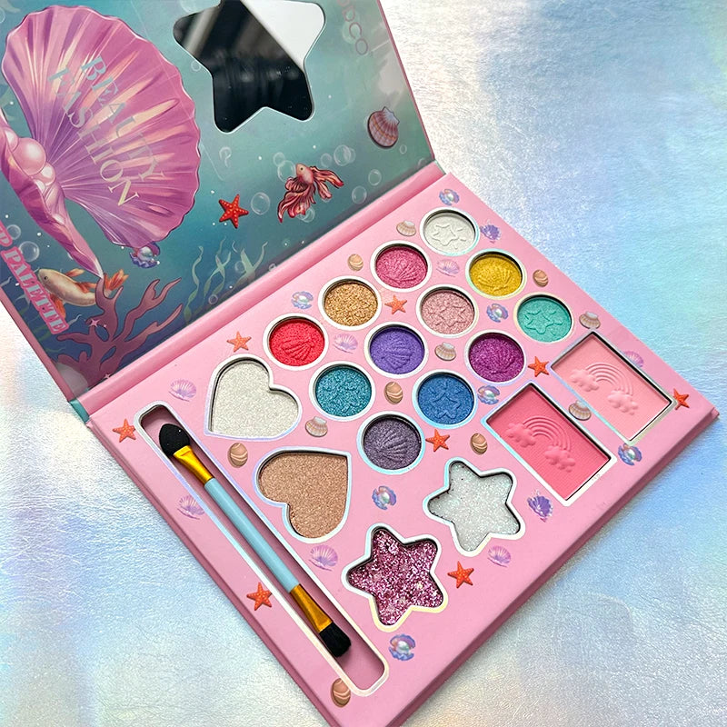 18-Color Cartoon Shell Makeup Palette with Brushes Mirror,Dreamy Glitter Matte and Shimmer Finish,Perfect for Holiday Parties