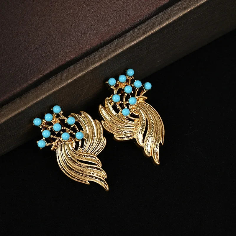 Vintagevintage Light Blue Rhinestone Vacuum-Plated Hollow Relief Elegant Necklace Earrings Jewelry Set For Special Occasions