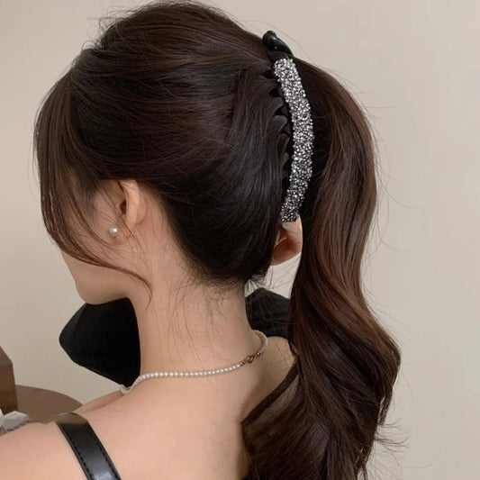 Elegant Rhinestones Banana Clip Sparkling Crystal Pearl Ponytail Holder Twist Hairpin Women Girls Summer Daily Party Hairpiece