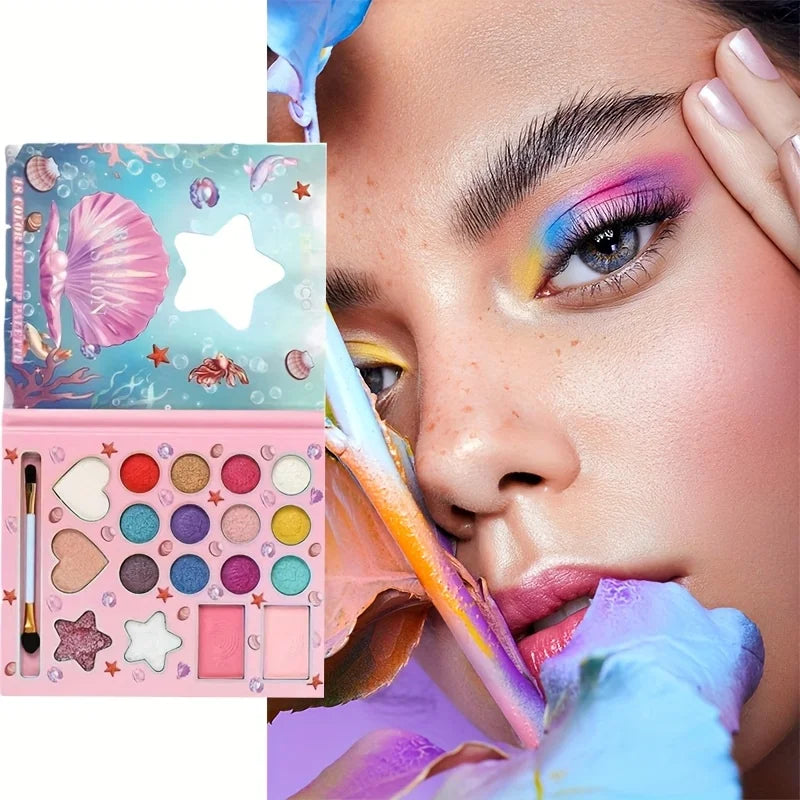 18-Color Cartoon Shell Makeup Palette with Brushes Mirror,Dreamy Glitter Matte and Shimmer Finish,Perfect for Holiday Parties