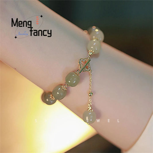 Natural Hetian Jade Beaded Bracelet for Women Unique Vintage Design Handmade Jewelry Elegant Boho Gift Trendy Minimalist Style