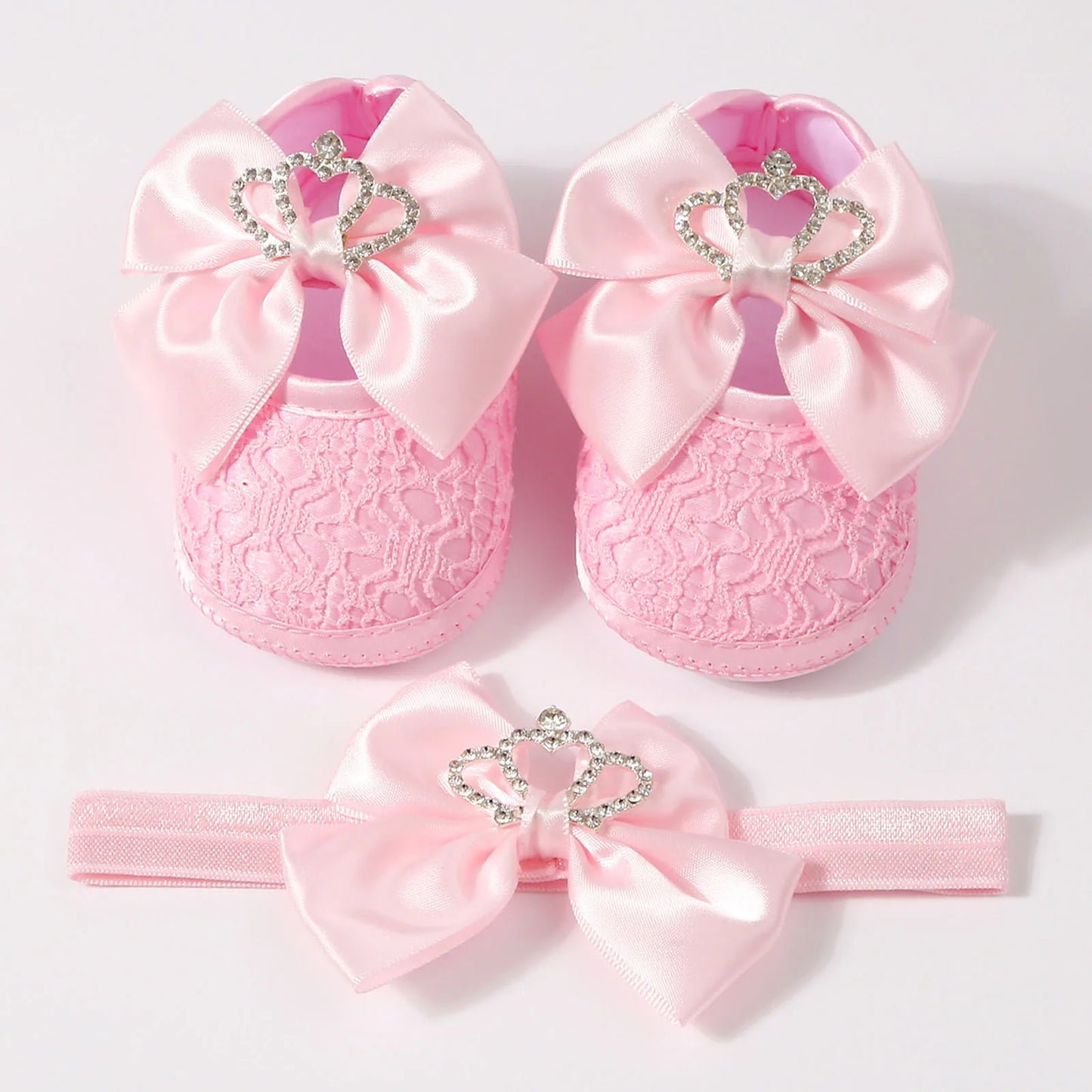0-12months Baby Girls Princess Shoes Set Crown Bow Decor Lace Shoes for infant girls Soft Non-slip Bottom First Walking Shoes