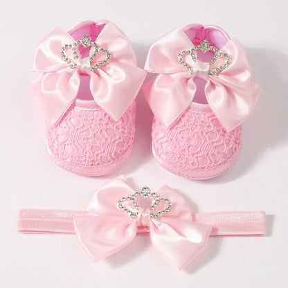 0-12months Baby Girls Princess Shoes Set Crown Bow Decor Lace Shoes for infant girls Soft Non-slip Bottom First Walking Shoes