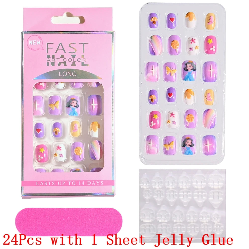 12pcs Cute Kids Dress-Up Fake Nail Girls Press on Nails Princess Pretend Play Toy Nail Tips Self-adhesive Children False Nails *