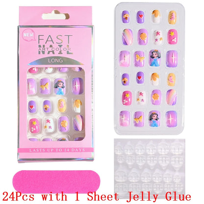 12pcs Cute Kids Dress-Up Fake Nail Girls Press on Nails Princess Pretend Play Toy Nail Tips Self-adhesive Children False Nails *