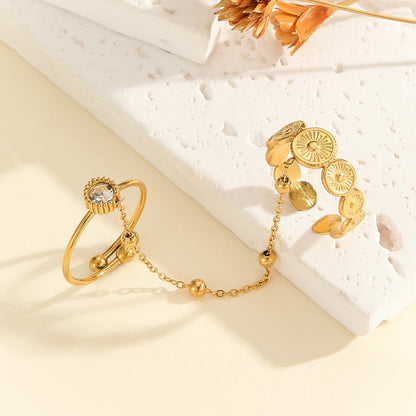Letdiffery New Double-Finger Flower Rings for Women Stainless Steel Heart Butterly Zircon Charm Adjustable Open Rings Jewelry
