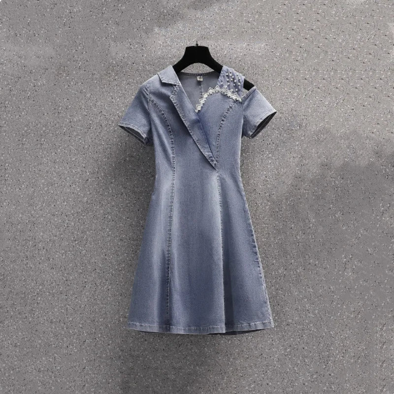 Fashionable Denim Two-Piece Set Women's Shoulder Bared Dress Design Sensation Summer Slimming Goddess Style Skirt Trendy