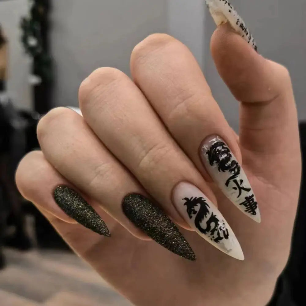 24pcs/set Long Stiletto Fake Nails Punk Snake Pattern Black White Matte False Nails Artificial Full Nail Tips Manicure Tools