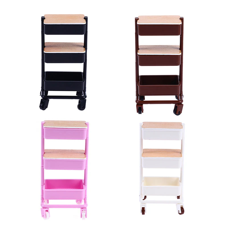 Storage Display Shelf Bookshelf Furniture Model Decor Toy 1Set 1:12  Dollhouse Miniature Trolley Dining Cart with Wheels