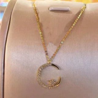 Shiny Star Moon Pendant Necklace, Women's Sparkling Exquisite Clavicle Chain, Unique Design Luxury Jewelry Gift for Girlfriend
