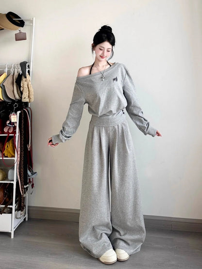 Elegant Shoulder Casual Sporty Loose Women's Short Sleeve Two-Piece Set Korean Style Fashion Wide Leg Pants Slimming