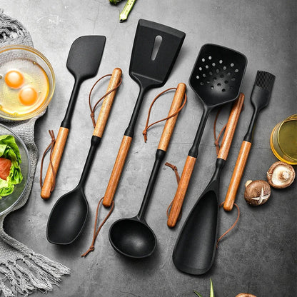 1/7Pcs Black Food Grade Silicone Kitchen Cookware Utensils Spatula Spoon Oil Brush Practical Cooking Tool Kitchenware Set