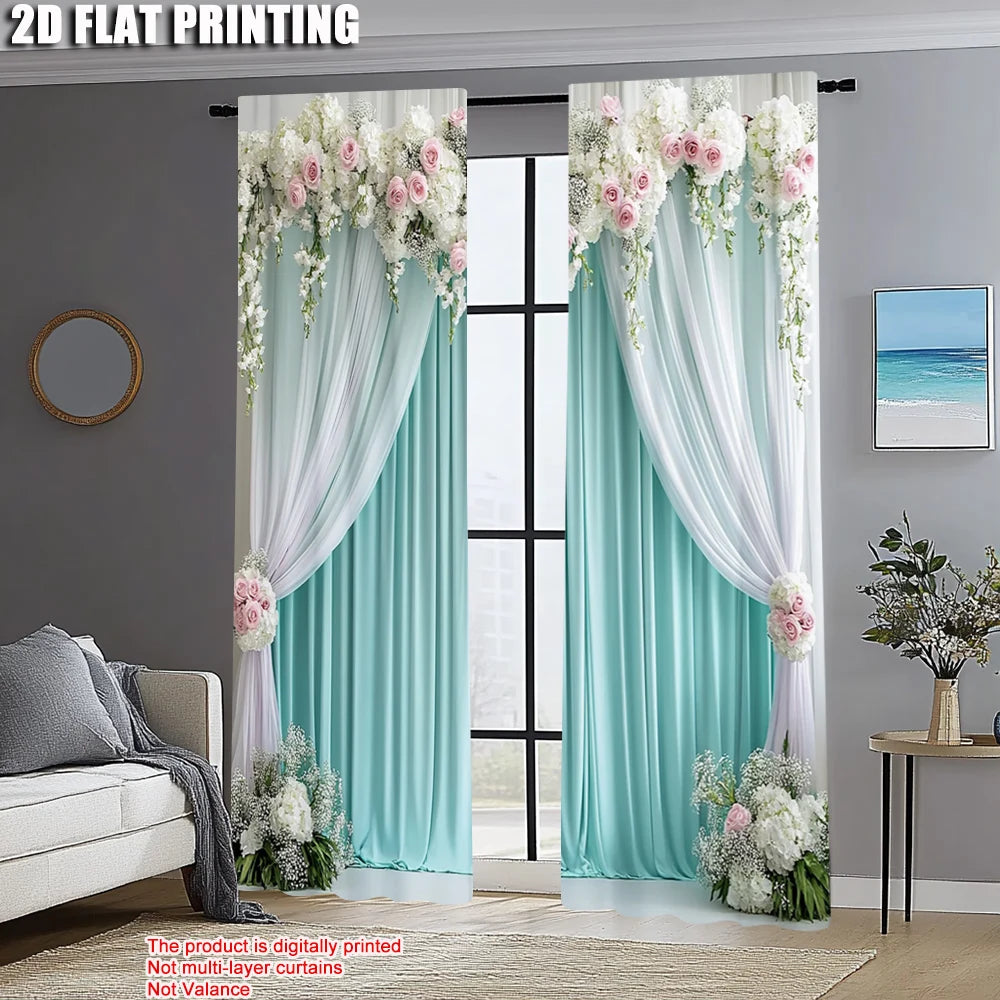 2pcs, Light Filtering Curtains 2D print Elegant Green and White Curtain Fabric (without rod) Thermal Insulation, and Room