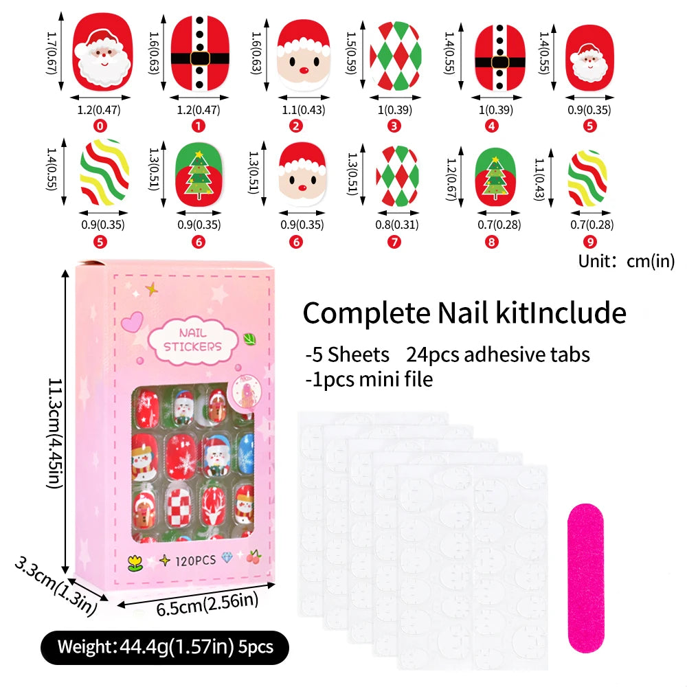120pc/Box Kid's Christmas Press On Nails Kawaii Cartoon Santa Snowman Xmas Tree Full Cover Acrylic False Nail Kid Christmas gift