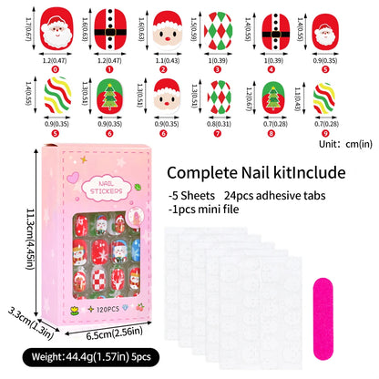 120pc/Box Kid's Christmas Press On Nails Kawaii Cartoon Santa Snowman Xmas Tree Full Cover Acrylic False Nail Kid Christmas gift