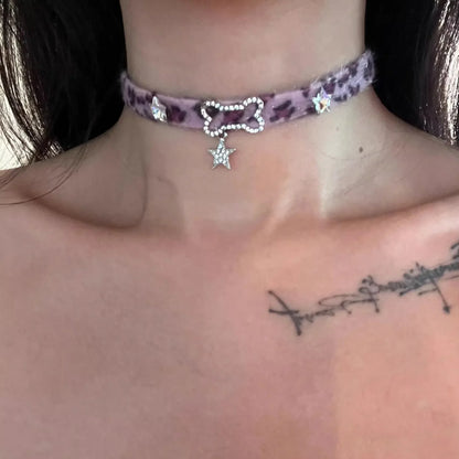 Japanese Y2K Choker Plush Leopard Bone Necklace Fashion Star Pendant Necklace Spicy Girl Sweet Cool Harajuku Party Jewelry Gift