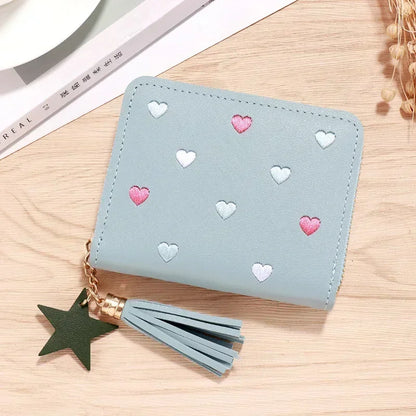 New Long Short Wallet Women's Fashion Credit Card Bag Purse Zipper Handbag Embroidered Heart Mobile Phone Money Coin Bag Case