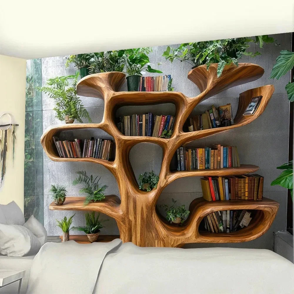 Nordic Tree Plants Reading Theme Tapestry 2D Print Polyester Bookshelf Wall Art Multiple Sizes for Living Study ReadingNook Deco