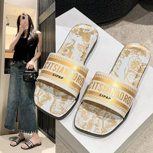 New Summer Flat Bottom Sandals Women's Outdoor Wear Sparkling Diamond One-Strap Fairy Style Sandals Trendy Ins Flat Sandals