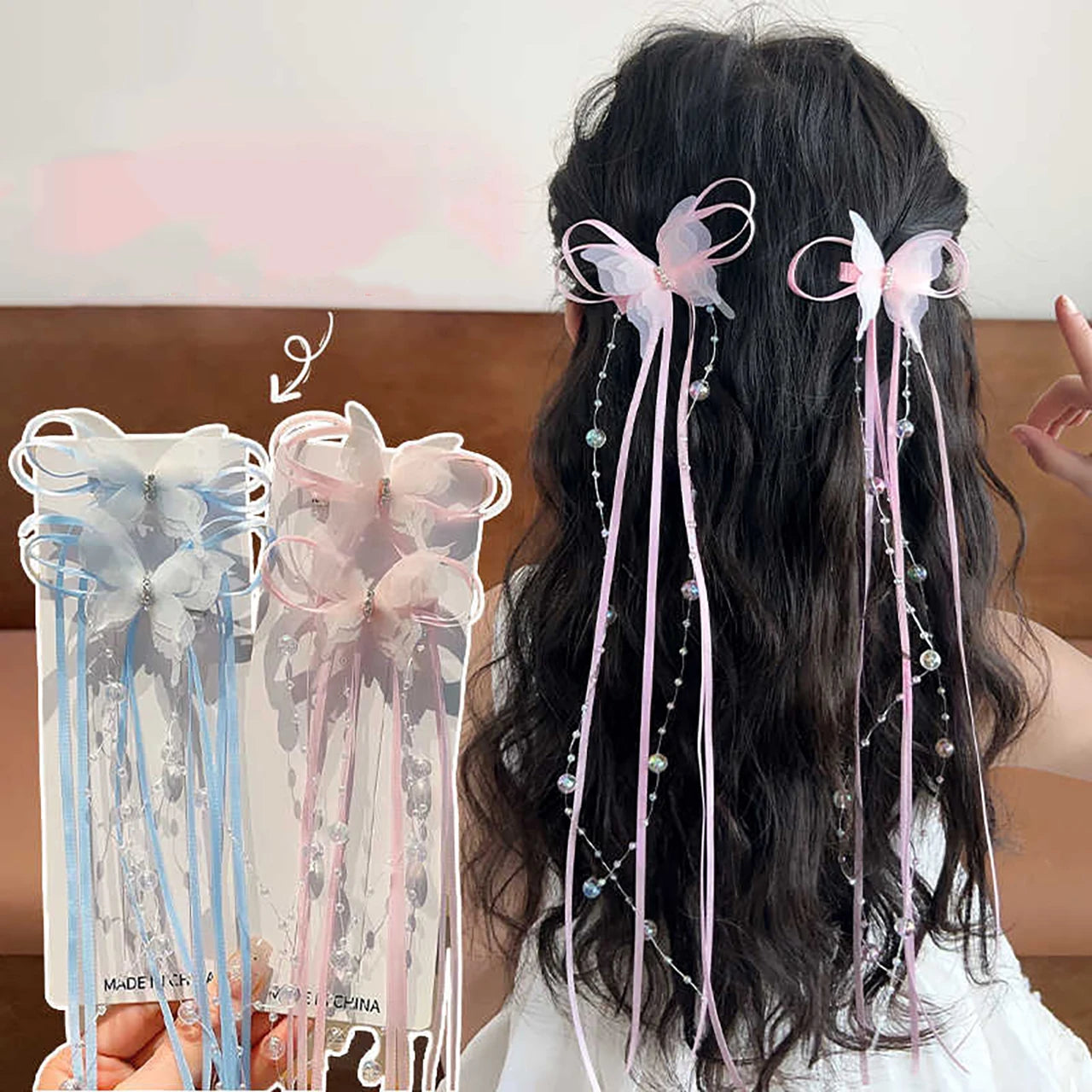 New Butterfly Tassel Baby Girl Hair Clips Sweet Long Ribbon Pearl Duck Tongue Clips Princess Sided Clips Kids Hair Accessories