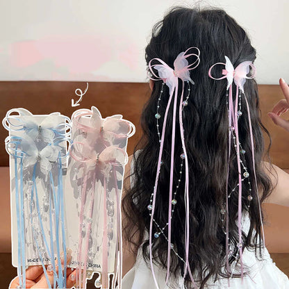 New Butterfly Tassel Baby Girl Hair Clips Sweet Long Ribbon Pearl Duck Tongue Clips Princess Sided Clips Kids Hair Accessories