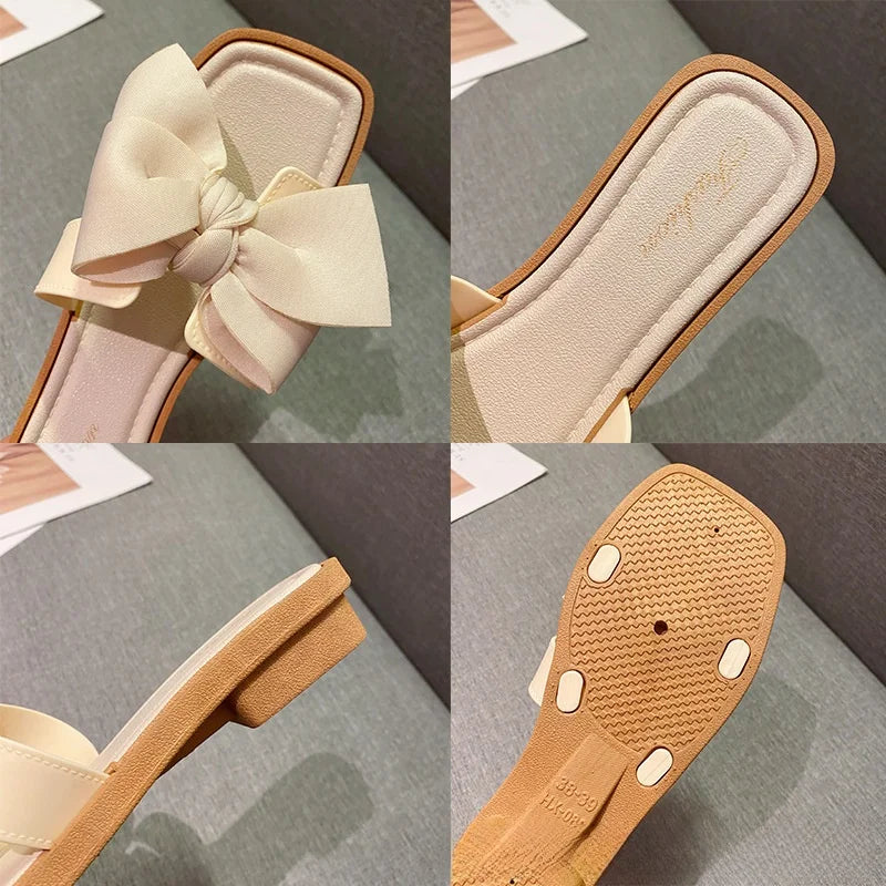 Summer New Women's Slippers Casual Butterfly Knot Low Heel Sandals Beach Outdoor Wear Comfortable Flat Shoes Sweet Style
