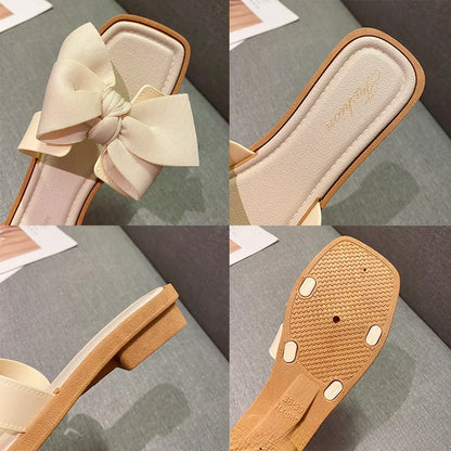 Summer New Women's Slippers Casual Butterfly Knot Low Heel Sandals Beach Outdoor Wear Comfortable Flat Shoes Sweet Style