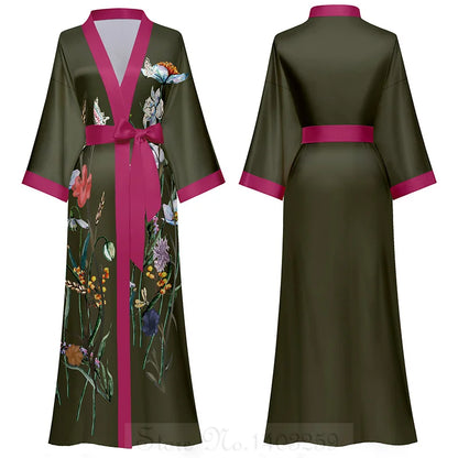 Elegant Print Flower Women Long Robe Loungewear Silky Satin Kimono Bathrobe Gown Spring Autumn New Sleepwear Home Dress Negligee