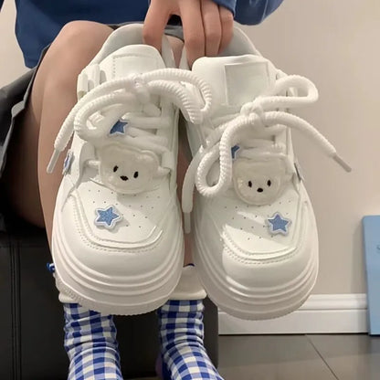 Women Kawaii Blue Platform Sneakers Korean White Shoes Spring Summer Vulcanize Cute Casual Footwear Skateboard Tennis Female