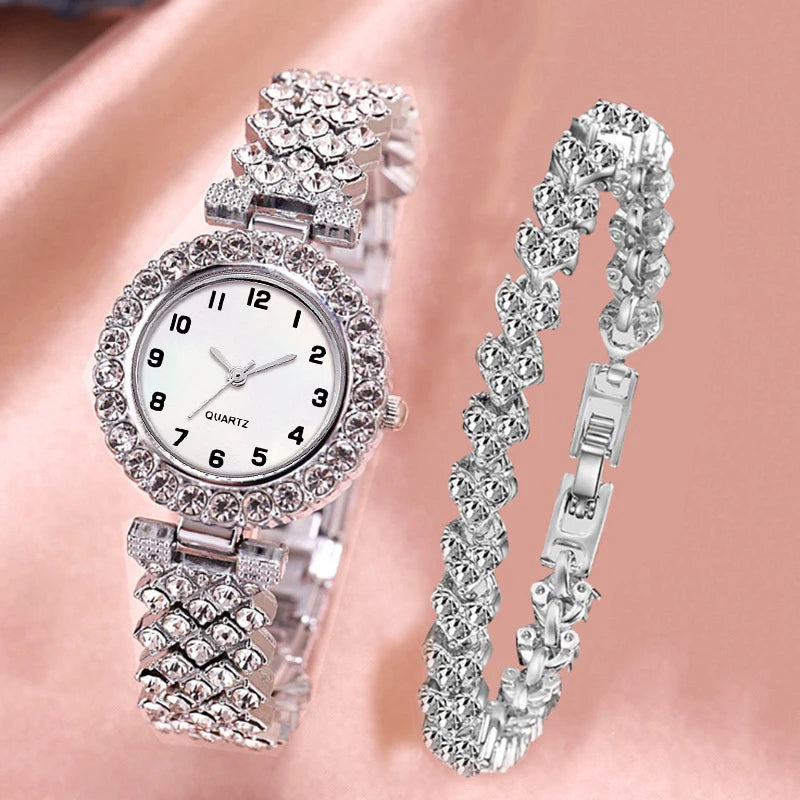 2PCS Luxury Rhinestone Women Watches Fashion Bracelet Strap Ladies Quartz Watch Set Relogio Feminino Reloj Mujer