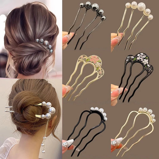 Metal U-Shaped Hair Sticks Combs Pearl Tassel Hair Fork Hair Clip Hairpins Women Girl Hair Accessories Ornament Styling Tool