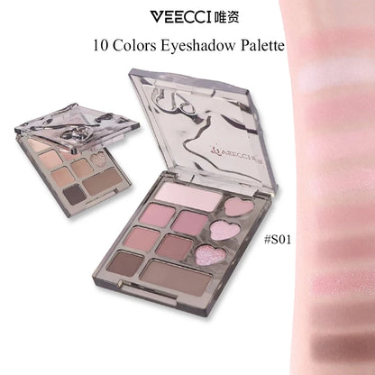 VEECCI Ten Colors Eyeshadow Palette Portable Matte Powder Shimmer Pearlescent Soft Fine Flash Multi-use Natural Eye Makeup