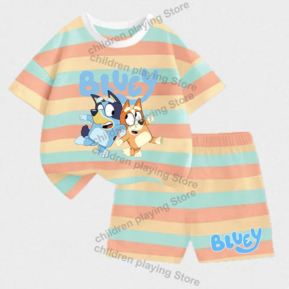 Blueyi Series Child Stripes Sets Summer Girls Boys T-Shirt Shorts Suits Cartoon Bingo Casual Sport Clothes Kids Sleepwear Gifts