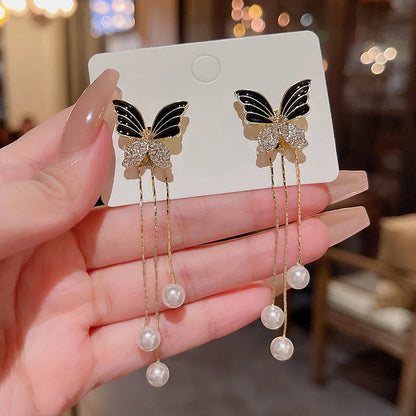 1Pair Korean Style Long Imitation Pearl Tassel Dangle Earrings For Women Trendy Full Crystal Fringe Drop Earring Vintage Jewelry