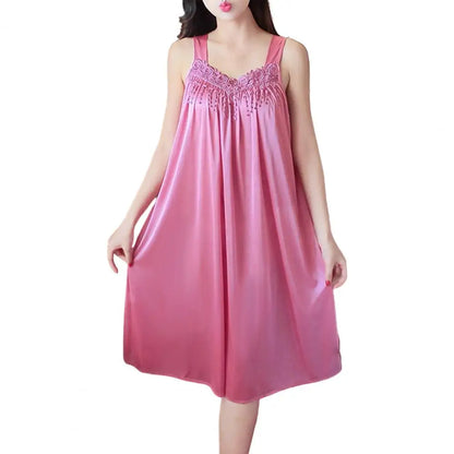 Lady Pajamas Solid Color Smooth Lace Patchwork Night Dress Comfortable Ventilate Casual Fashion Summer Women Night Gown Nightie