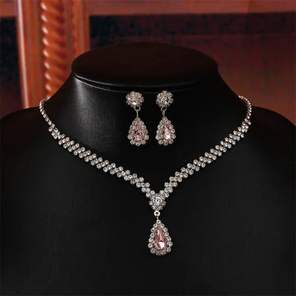 2Pcs/lot Simple Fashion Geometric Zircon Necklace Earrings Kit For Women Wedding Bride Jewelry Set Accessories Gift