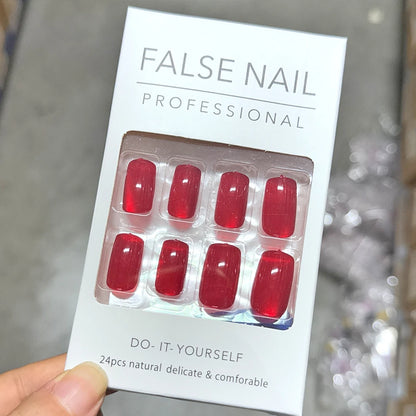 24Pcs Short Christmas Red Cat Eye False Nail Tips Glossy Simple Nude Cat Eye Design Press on nails New Year Wearable Fake Nails*
