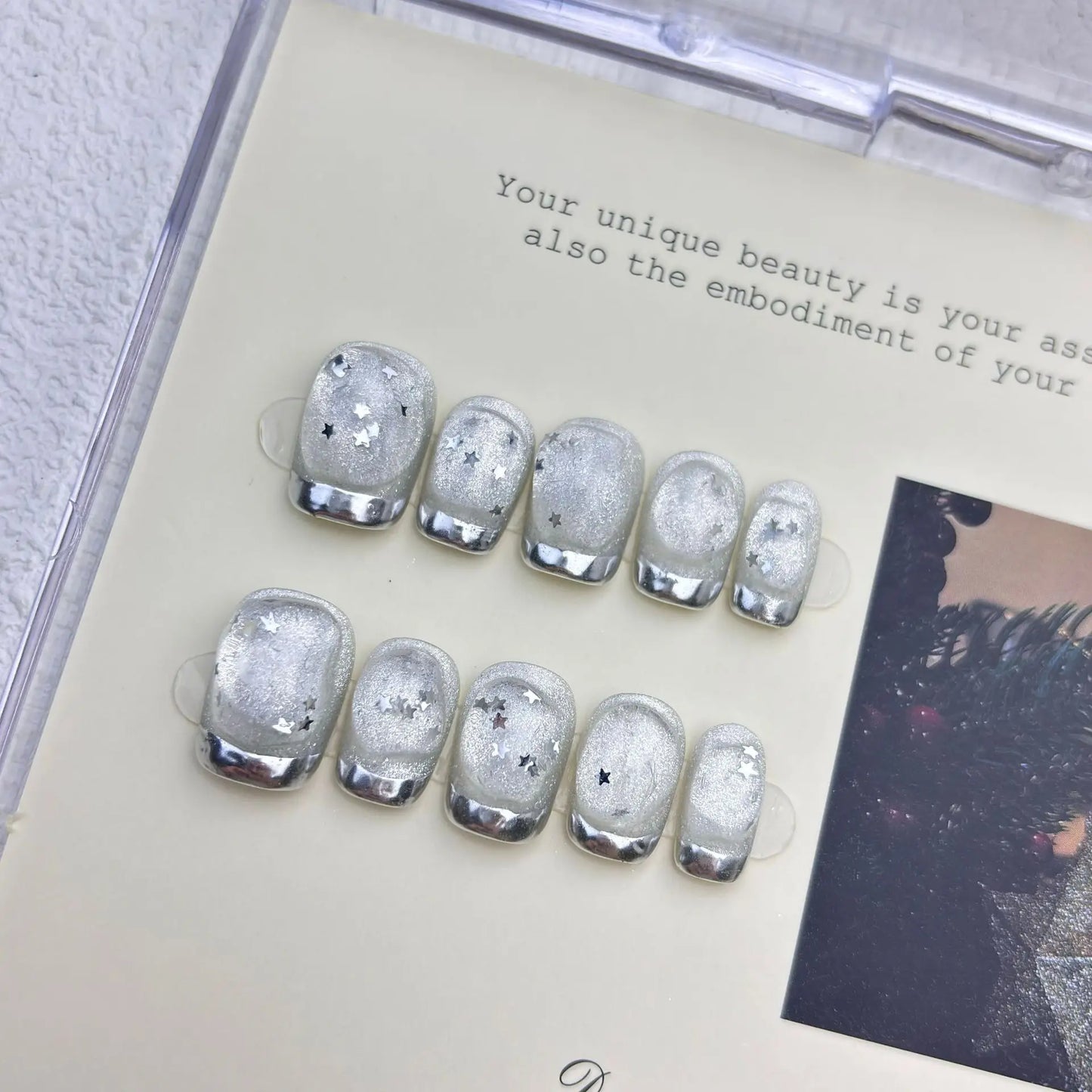 10Pcs Handmade Press on Nails Cat's Eye Shimmering Star Silver French False Nail for Women&Girls Removable Wearable Fake Nail